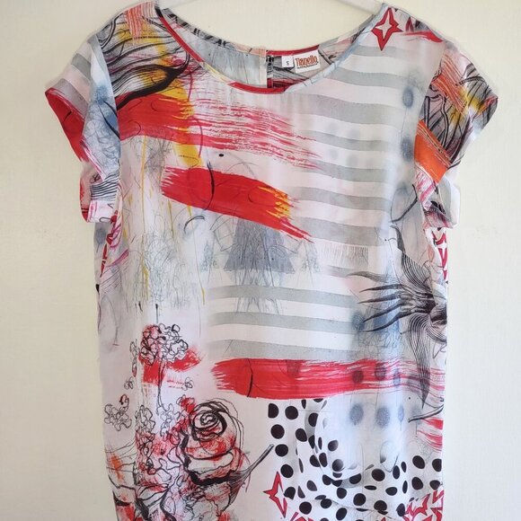 Tianello 100% Silk Blouse Short Flutter Sleeve Roses & Polka Dots  Women's Small - Picture 2 of 7